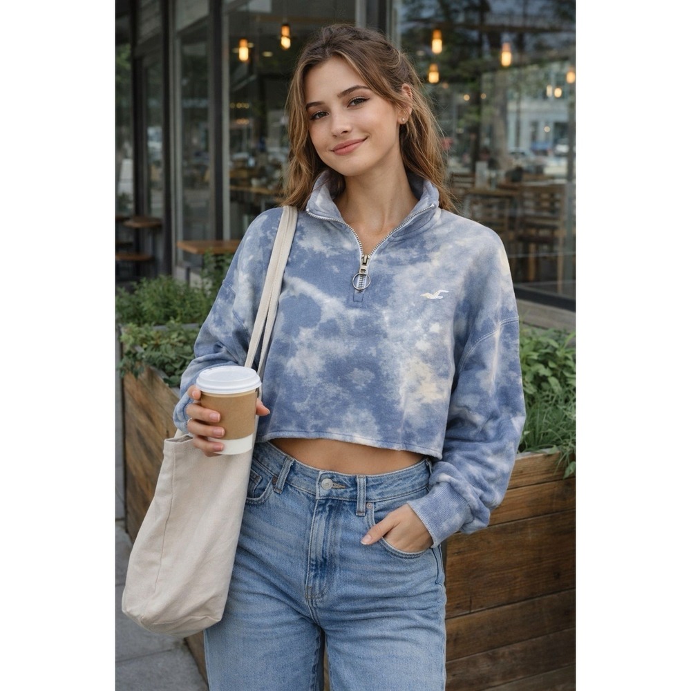 Hollister Blue Tie Dye Cropped Quarter Zip Sweatshirt S Pullover Cozy Y2K Casual - Picture 2 of 11